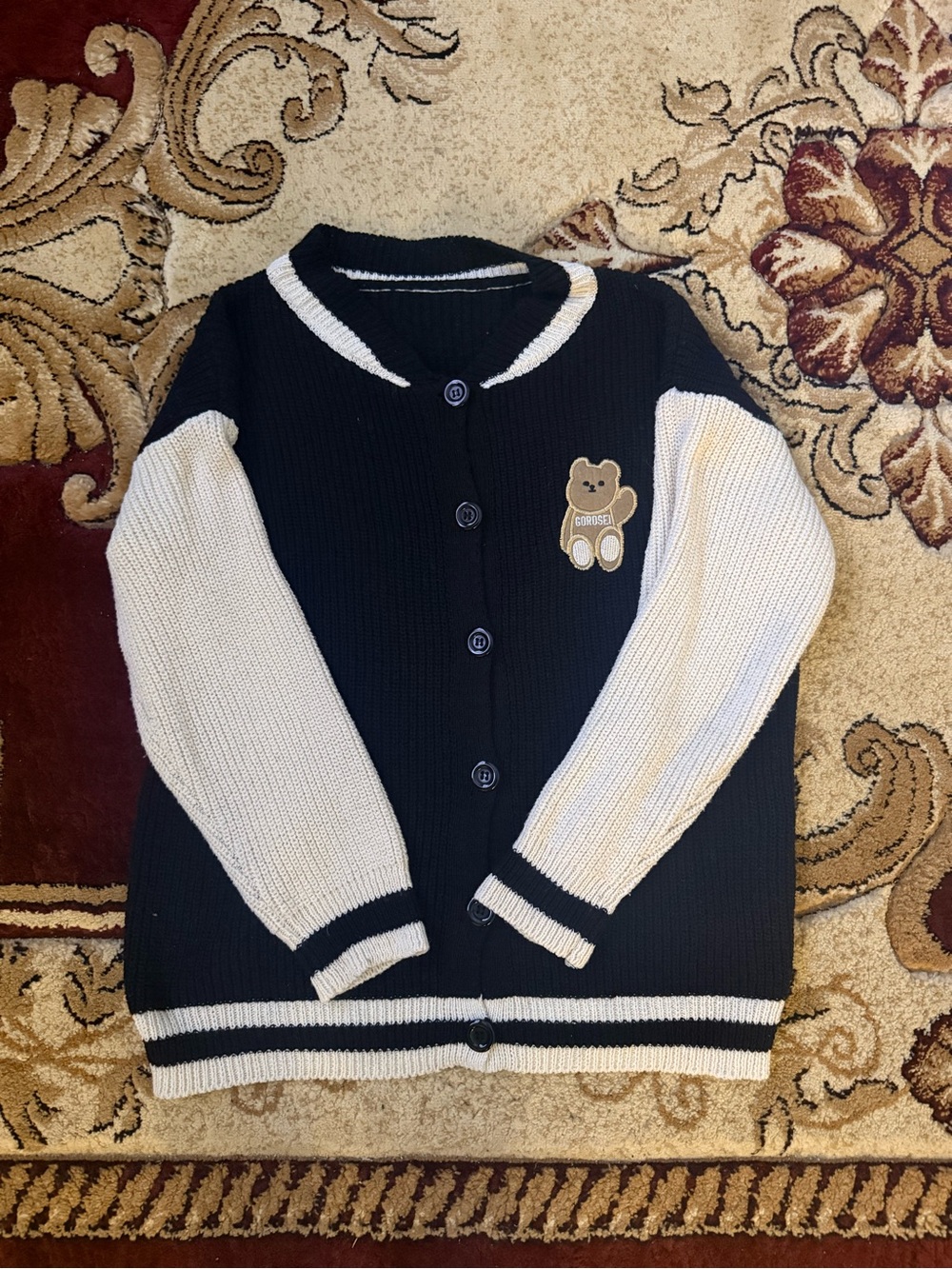 Amazon Black and White Button-Front Knit Cardigan with Bear Patch